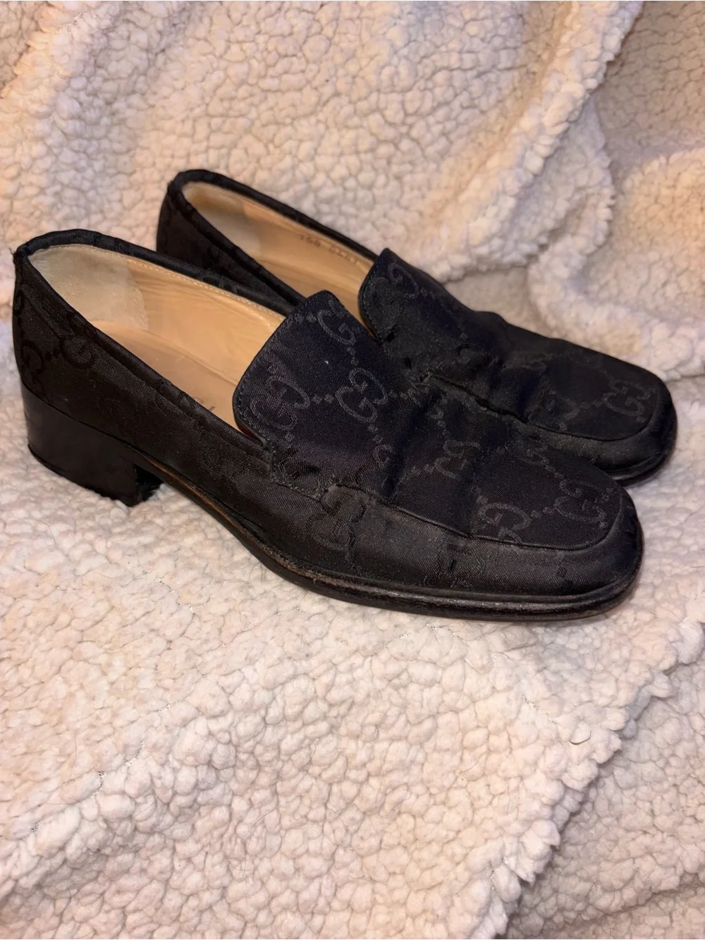 Gucci Vintage GG Monogram Black Fabric Block Heel Pumps Loafers Size 4 Italy